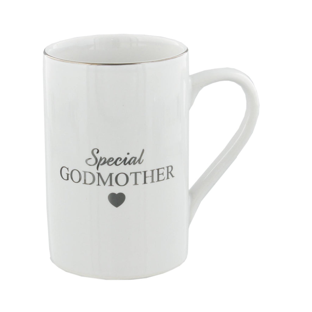 Special Godmother white mug with silver lettering and heart