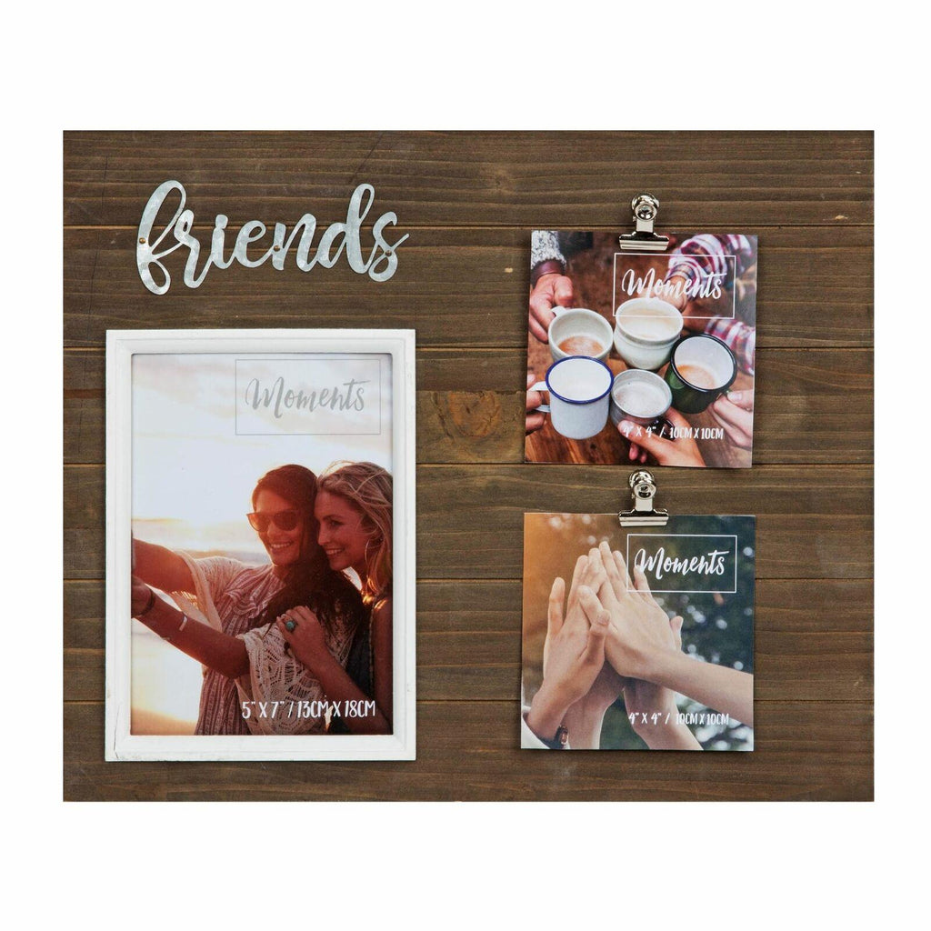 Clip style Board Photo Frame holds 3 photos with Friends metal wording