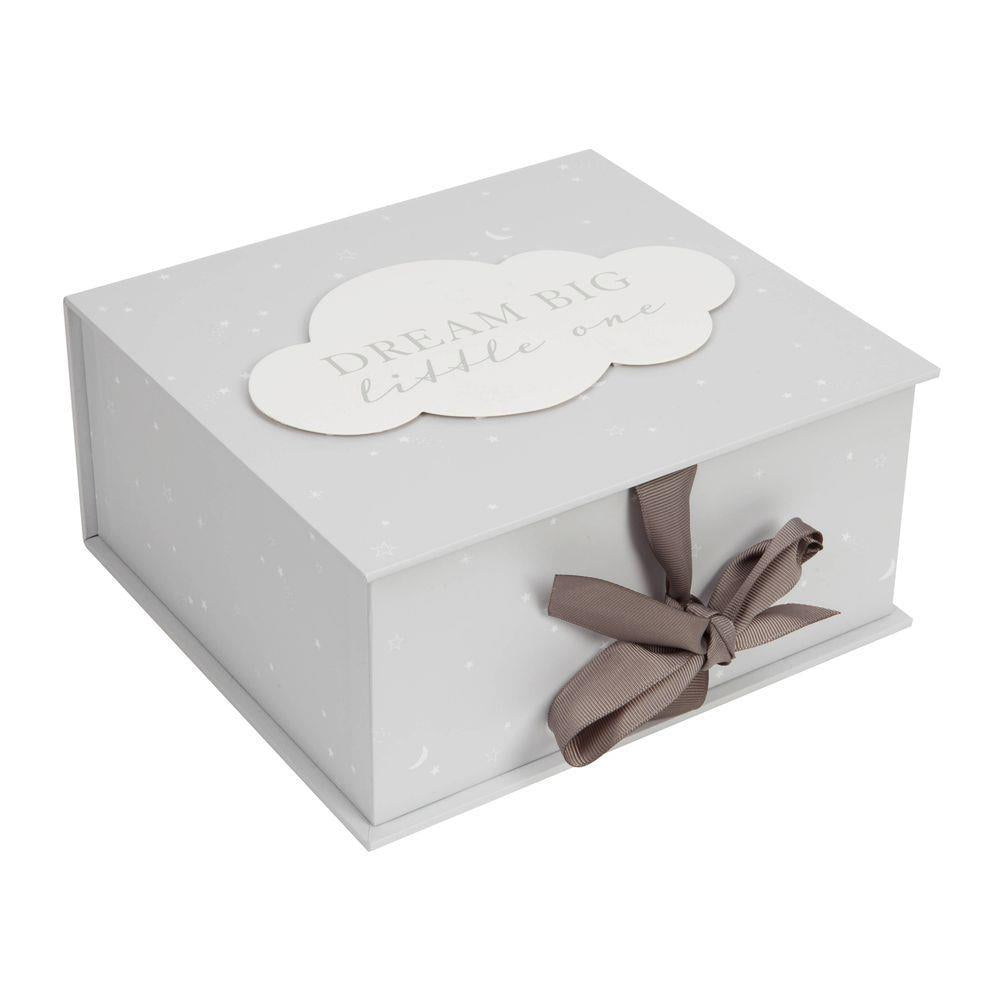 Bambino Baby Keepsake box in pale grey with white stars and moons design a large cloud on lid with wording Dream Big Little One with a Ribbon Tie