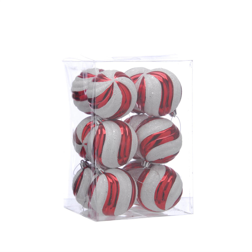 sweet candy cane red and frosted white striped Christmas Tree Baubles Pack of 12