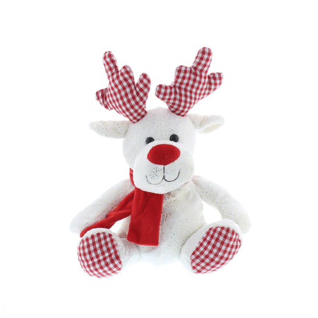 white reindeer sitting soft toy with red nose and wears red scarf red and white gingham feet and antlers