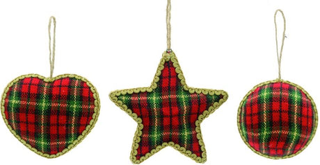 Tartan Fabric hanging ornaments 3 different shapes heart star and circle