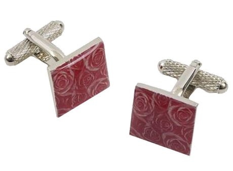 Square shaped cufflinks with pink rose patterned design