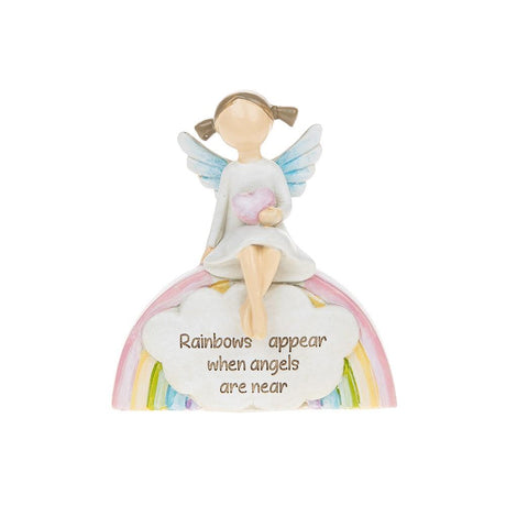 Angel sitting on a Rainbow with verse Rainbows appear when angels are near