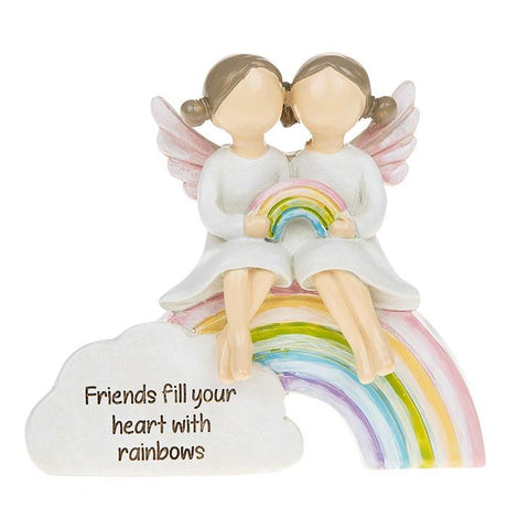 Friends sitting on a rainbow sentiment figurine with verse in cloud Reading  Friends fill your heart with rainbows