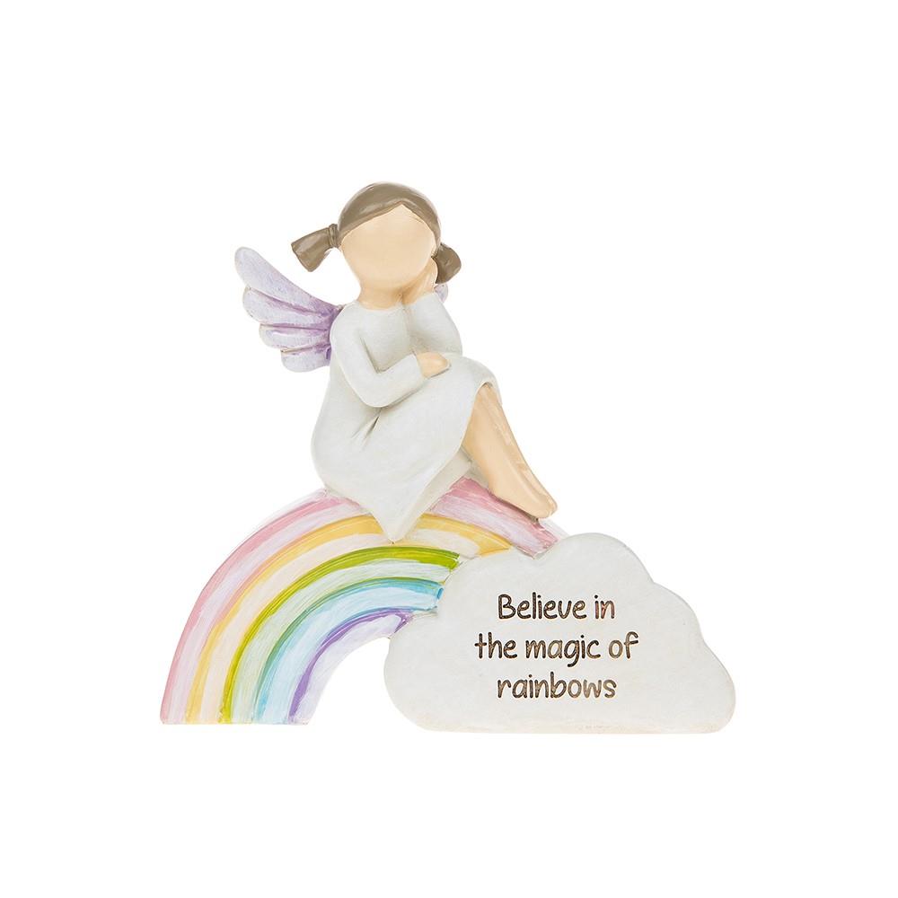 Angel sat on Rainbow & Cloud, wording on cloud Believe in the magic off rainbows