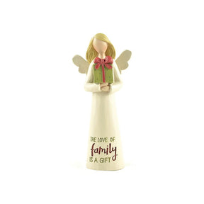 Angel figurine with inscription The Love is Family is a Gift