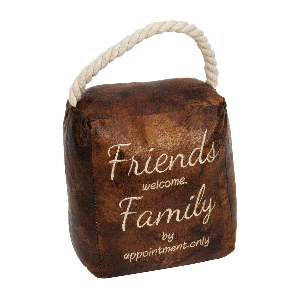 Tan Leather door stop square shaped with sentiment Friends welcome Family by appointment only