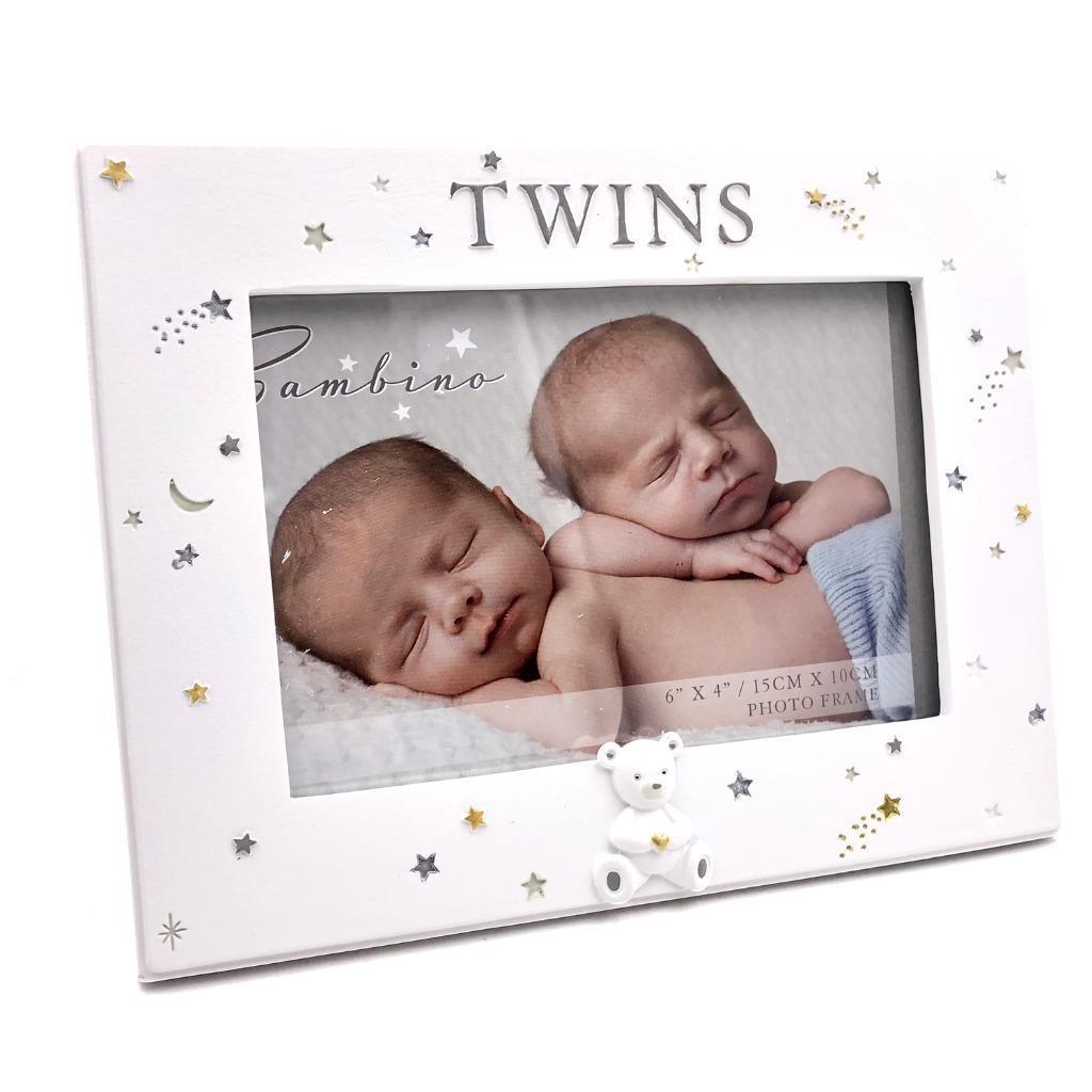 Bambino Twins Photo Frame white with stars design and teddy bear icon