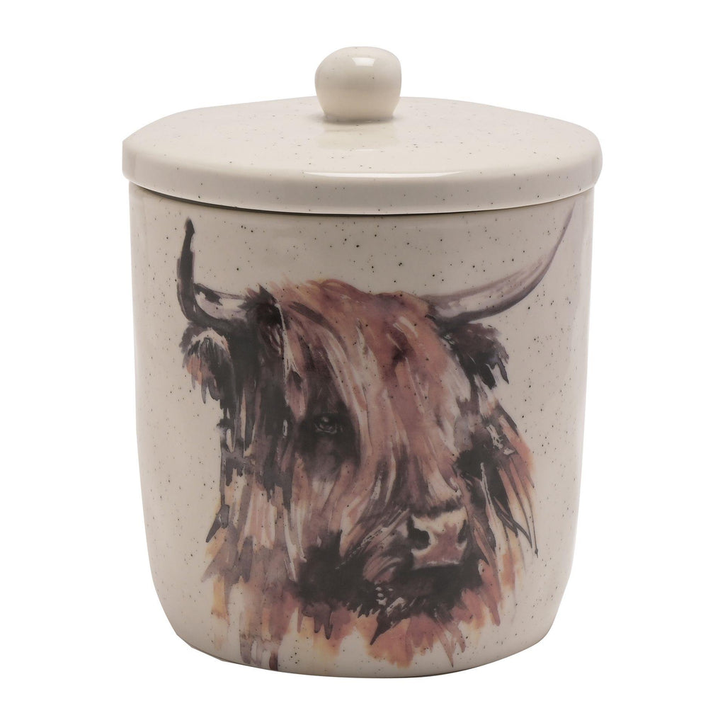 Kitchen ceramic storage canister with highland cow illustration by Meg Hawkins
