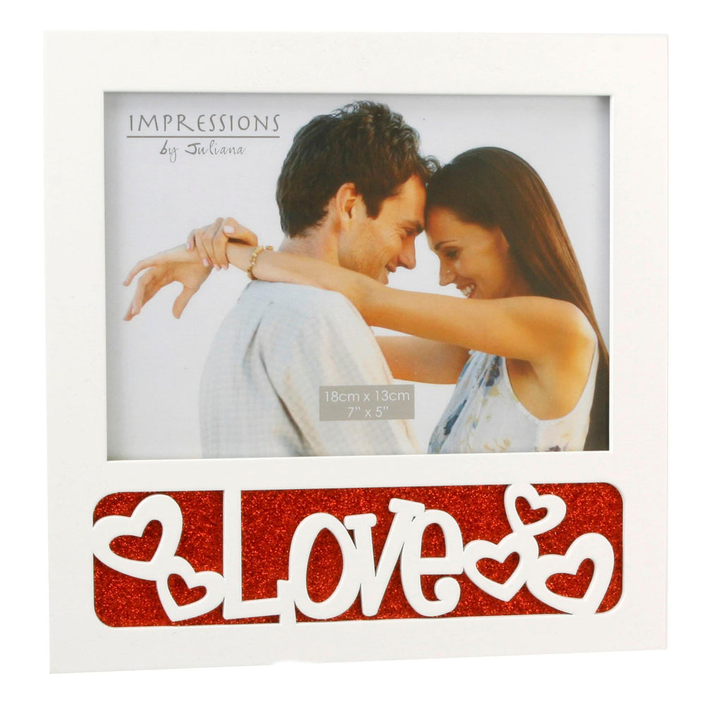 White LOVE Photo Frame 7x5 inches with red glitter behind wording,  freestanding