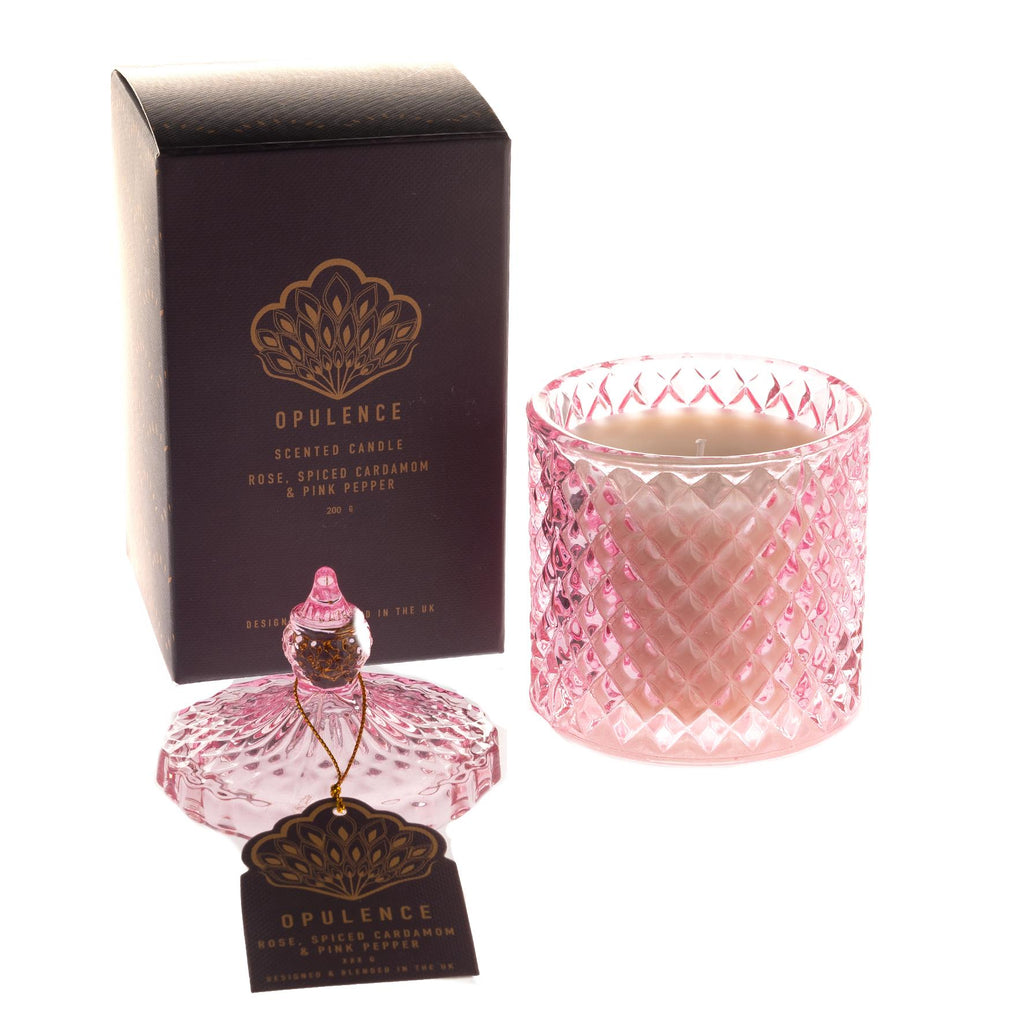 Vontage style pink crystal jar filled with Rose Spiced Cardamom and Pink Pepper Candle supplied in a gift box