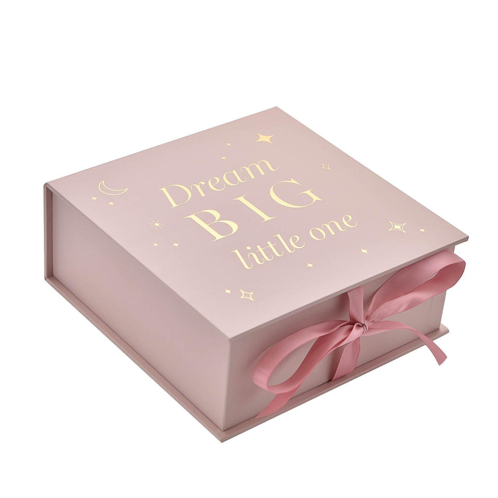Baby pink keepsake box in gold lettering dream big little one