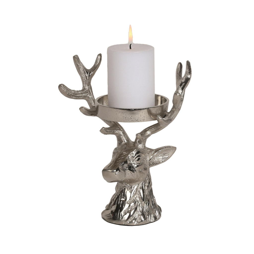 Deer candle holder in a silver finish with a candle plate positioned between the antlers candle is not included