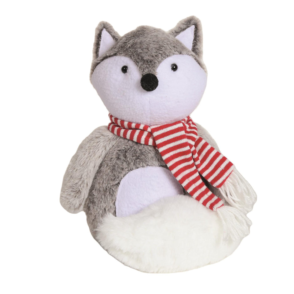 Grey & White Festive Fox wearing red and white striped scarf