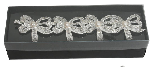 Bow shaped diamante crystal napkin ring holders with pearl in centre set of 4 in box