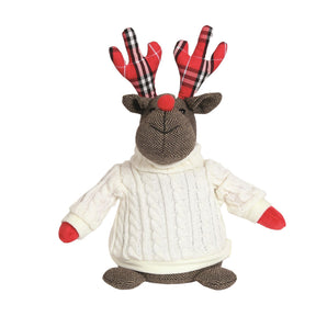 Herringbone fabric reindeer with tartan ears and wearing a cable knit sweater