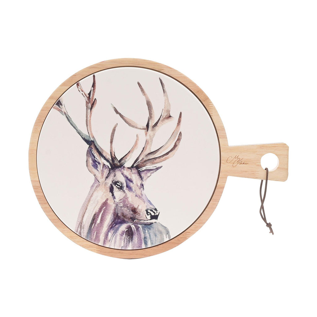 Stag Illustration on ceramic centre wooden chopping board designed by Meg Hawkins