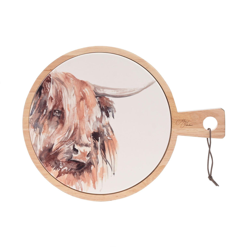 Ceramic & Rubber wood serving board with highland cow design