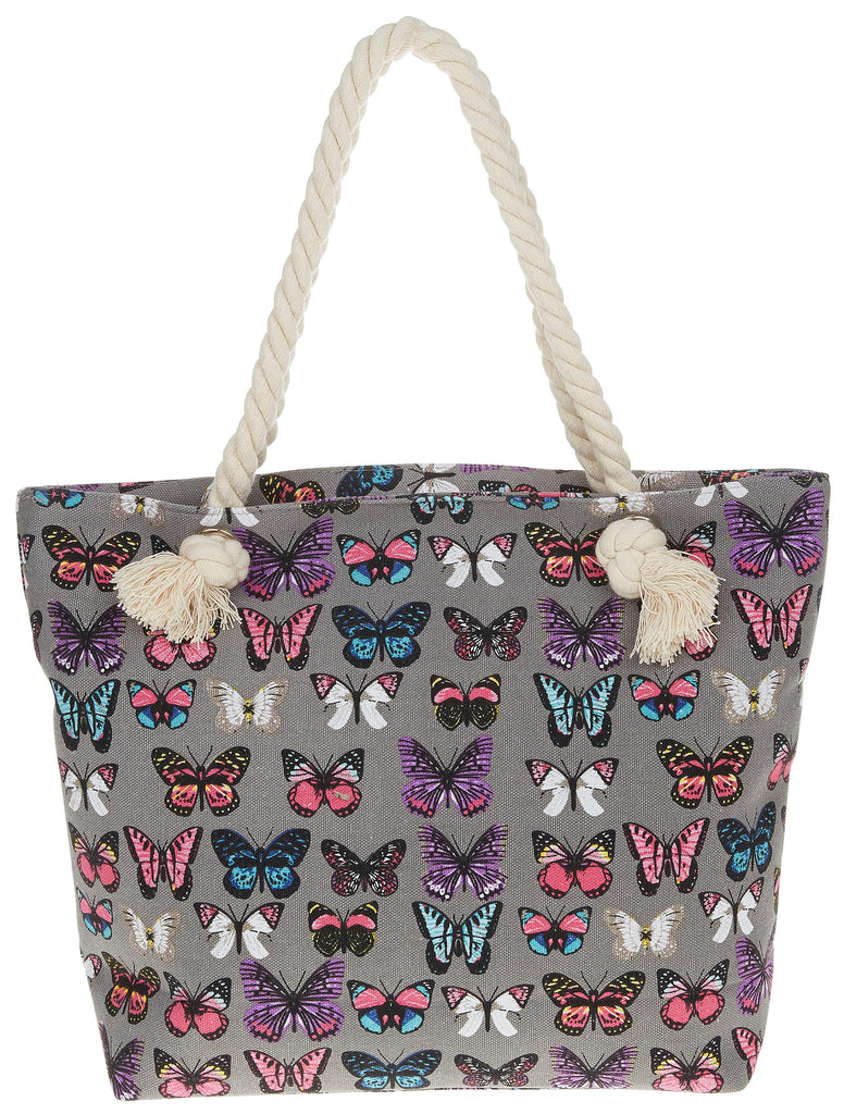 Canvas Tote bag grey back ground with multi coloured butterflies design and a rope handle a useful bag to have