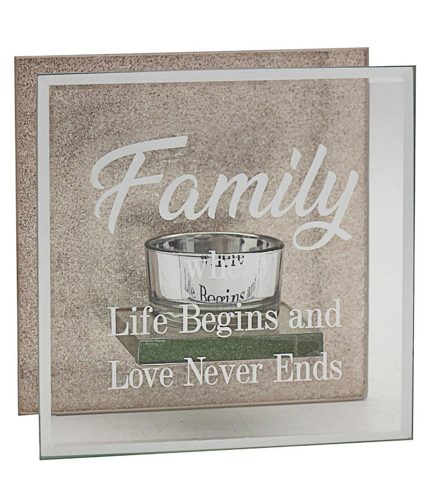 Family Tealight Candle Holder with Verse Life Begins and Love Never Ends  Glass with a rose gold glitter back plate
