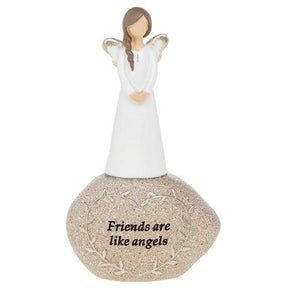 Angel standing on a atone with sentiment Friends are like angels