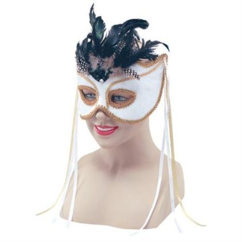 Velvet Mask On Headband With Feathers (White)