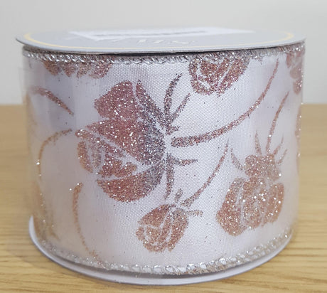 Gift Wrapping - Ribbon Silver & White Floral 2.5" x 10Y