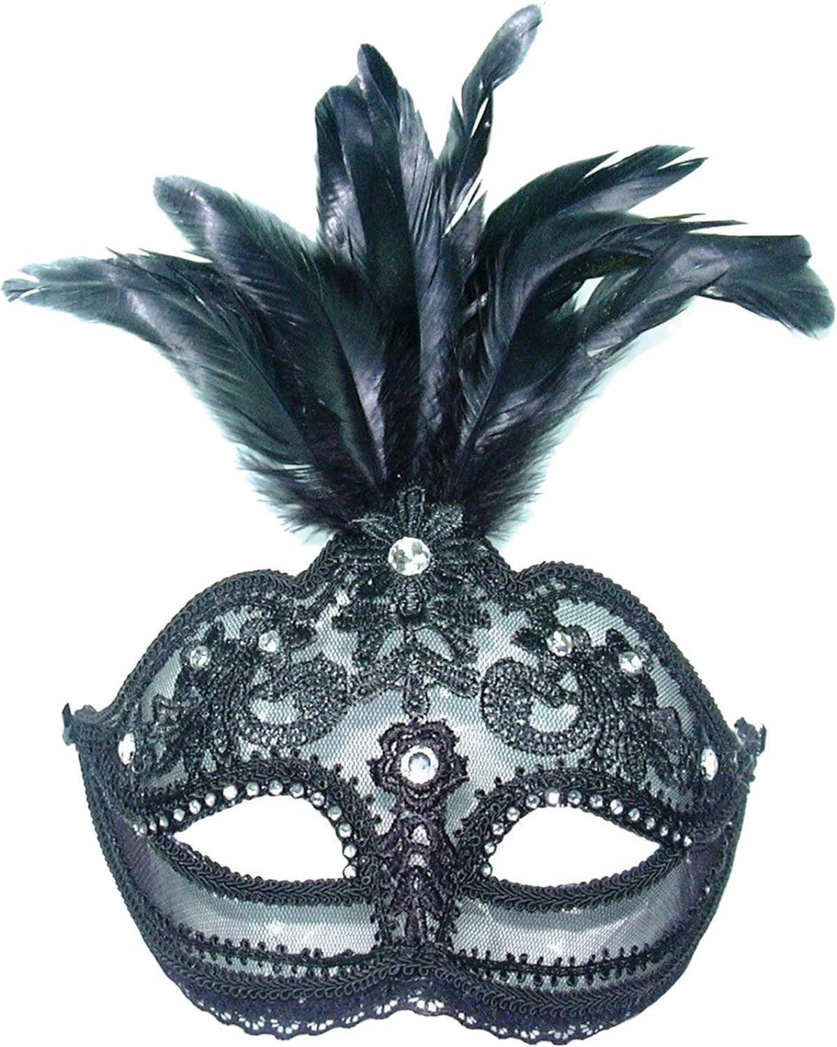 Black Transparent Masquerade Mask with Tall Feathers on Headband