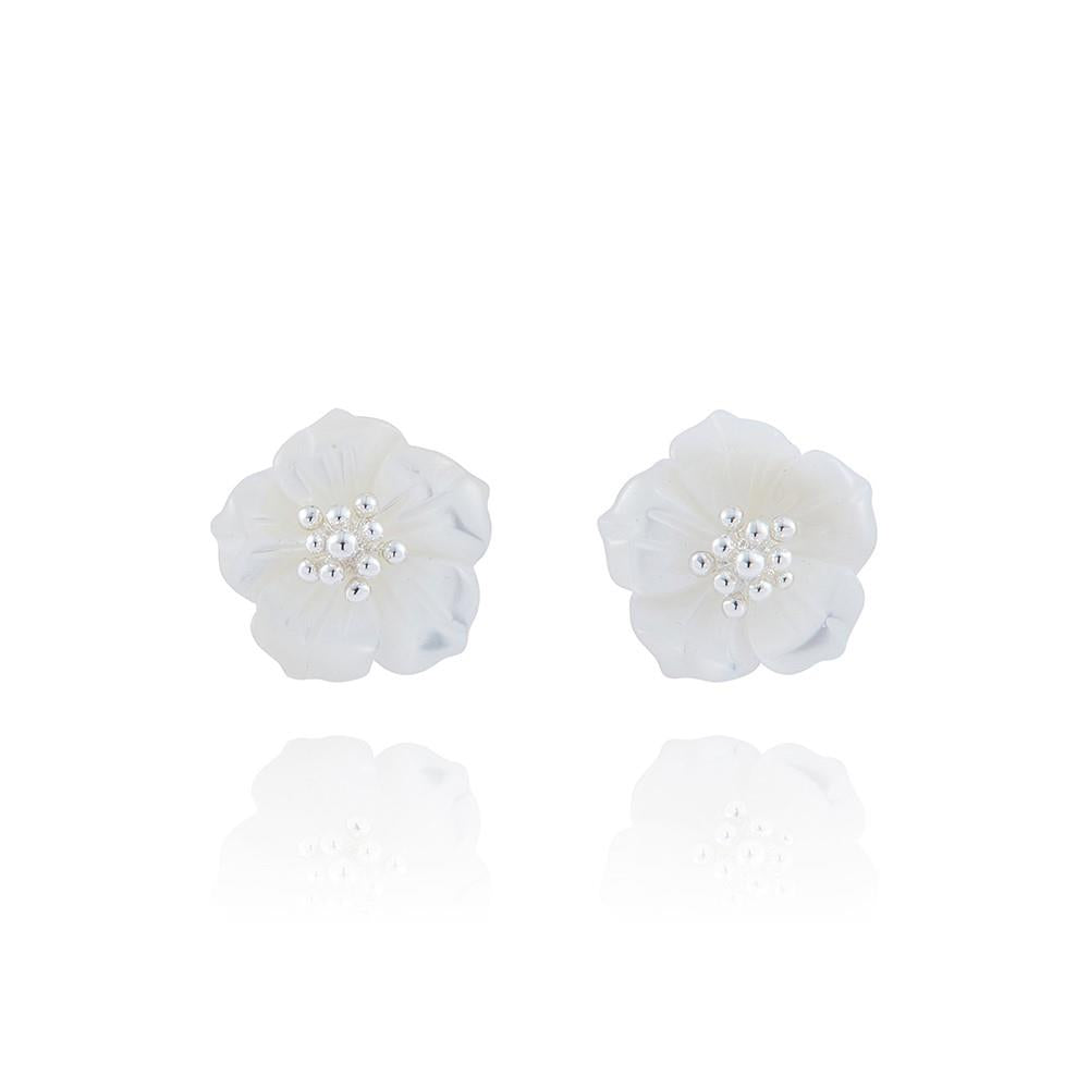 Equilibrium Silver Plated Earrings - Floral Accents Natural Mother of Pearl Stud