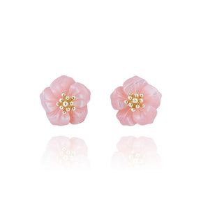 gold plated earrings - floral accents pink mother of pearl stud