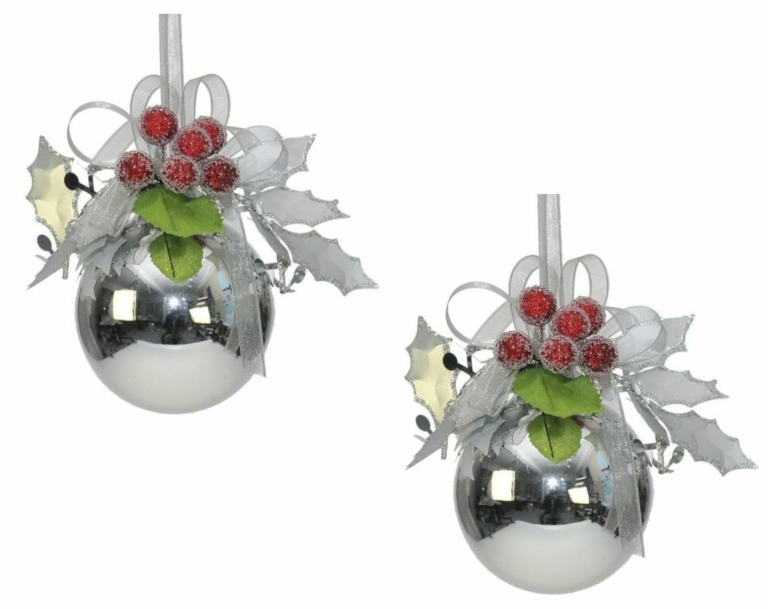 Weiste Christmas Tree Decorations Set of 2 - Silver Bauble with Holly Berries