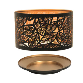 Aroma Jar Candle Metal Silhouette Shade & Tray Set - Black & Gold Leaves