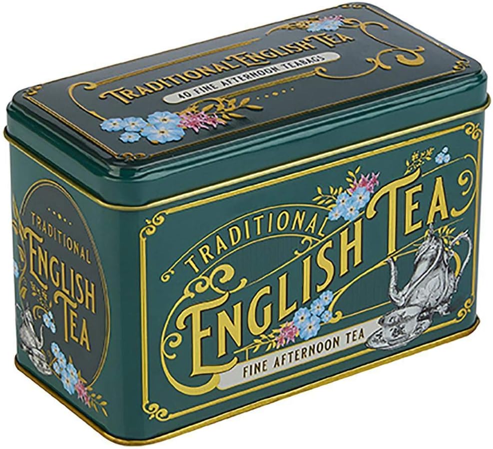 New English Teas Vintage Victorian Tin Caddy with 40 Afternoon Tea Bags - Bottle Green