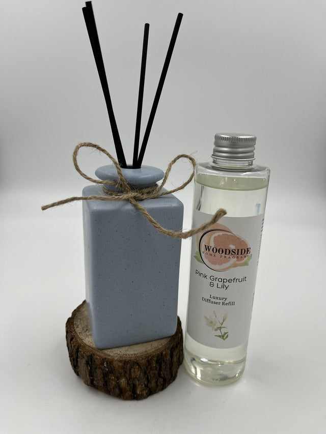 Woodside Pastel Blue Ceramic Reed Diffuser Vase with Woodside Luxury Refill pink grapefruit and lily