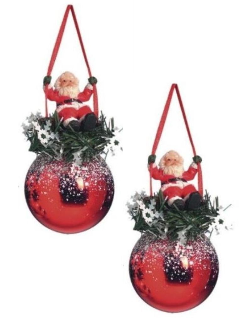 Christmas Tree Decorations Set of 2 Bauble with Santa on Swing Red or Gold