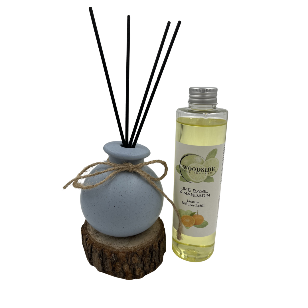 Woodside Round Blue Pastel Ceramic Reed Diffuser Vase with Woodside Luxury Refill
