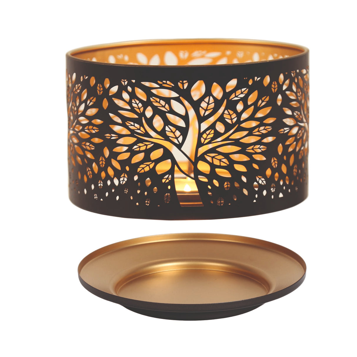 Aroma Jar Candle Metal Silhouette Shade & Tray Set - Black & Gold Tree of Life
