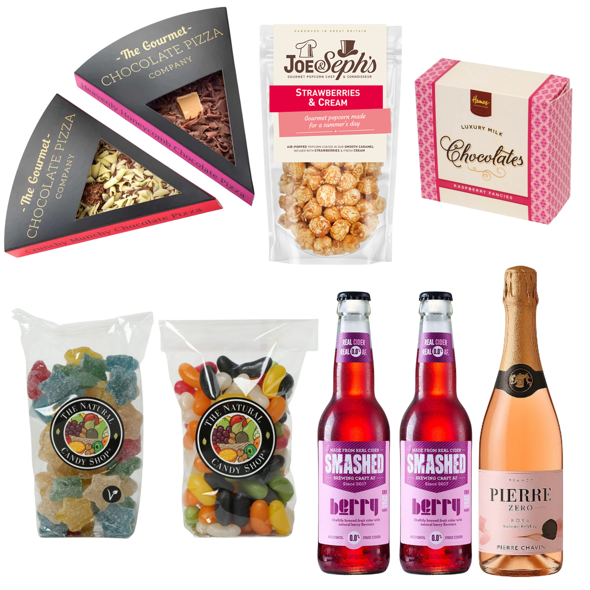 Alcohol free film night gift box with popcorn, chocolates, sweets, berry cider and sparkling rosé