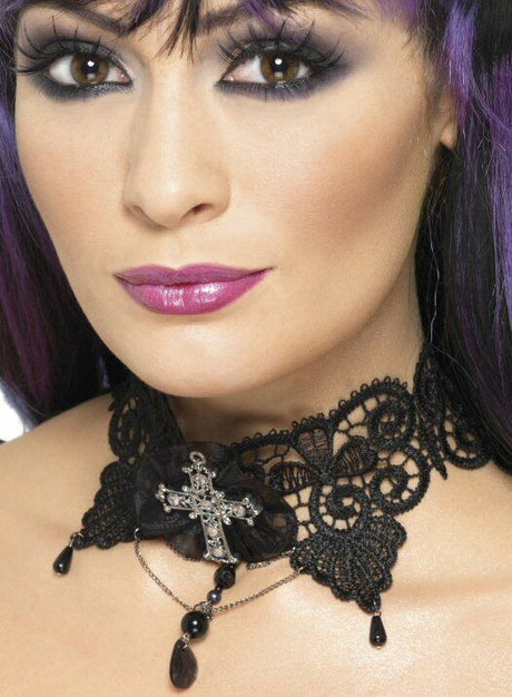 Lace Choker With Jewelled Cross & Ribbon & Bead Trim