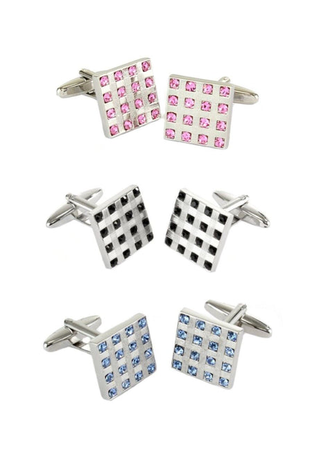 Square Dress Cufflinks with Coloured Stones  -  Pink Black or Blue