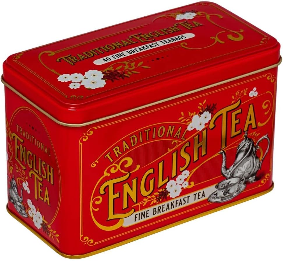 New English Teas Vintage Victorian Tea Tin with 40 Breakfast Tea Bags - Red
