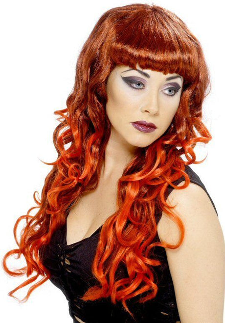 Long Curly Siren Fancy Dress Wig (Red & Black Blend)