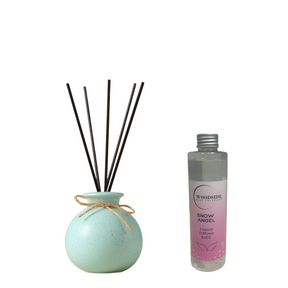 Woodside Round Green Pastel Ceramic Reed Diffuser Vase with Woodside Luxury Refill snow angel