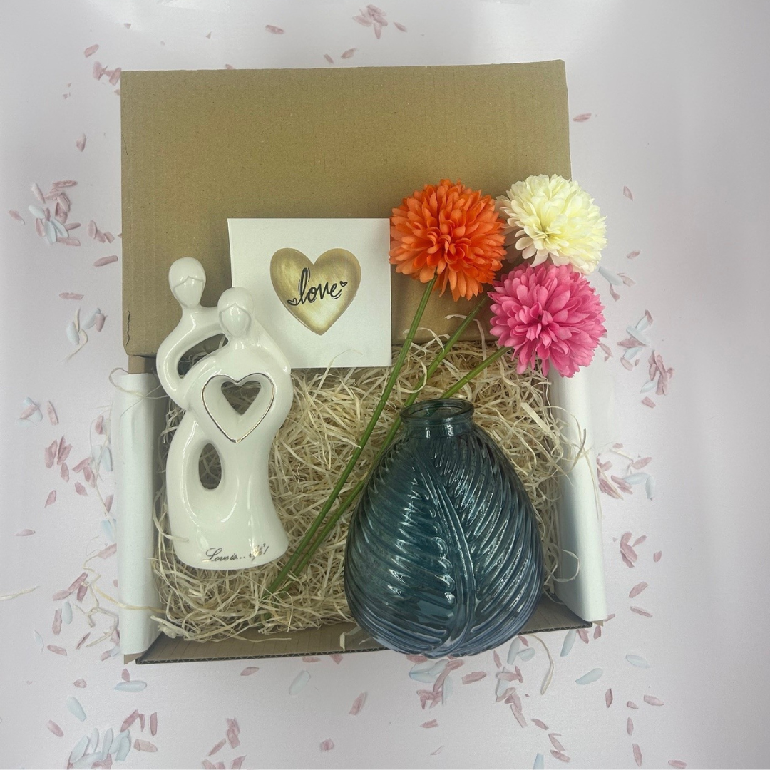 Love is Life Figurine White & Gold - with Blue Vase & Flowers Treat Box Gift Set 