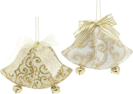 Christmas Tree Hanging Decorations - Gold Fabric Beaded Bells Pack of 2 