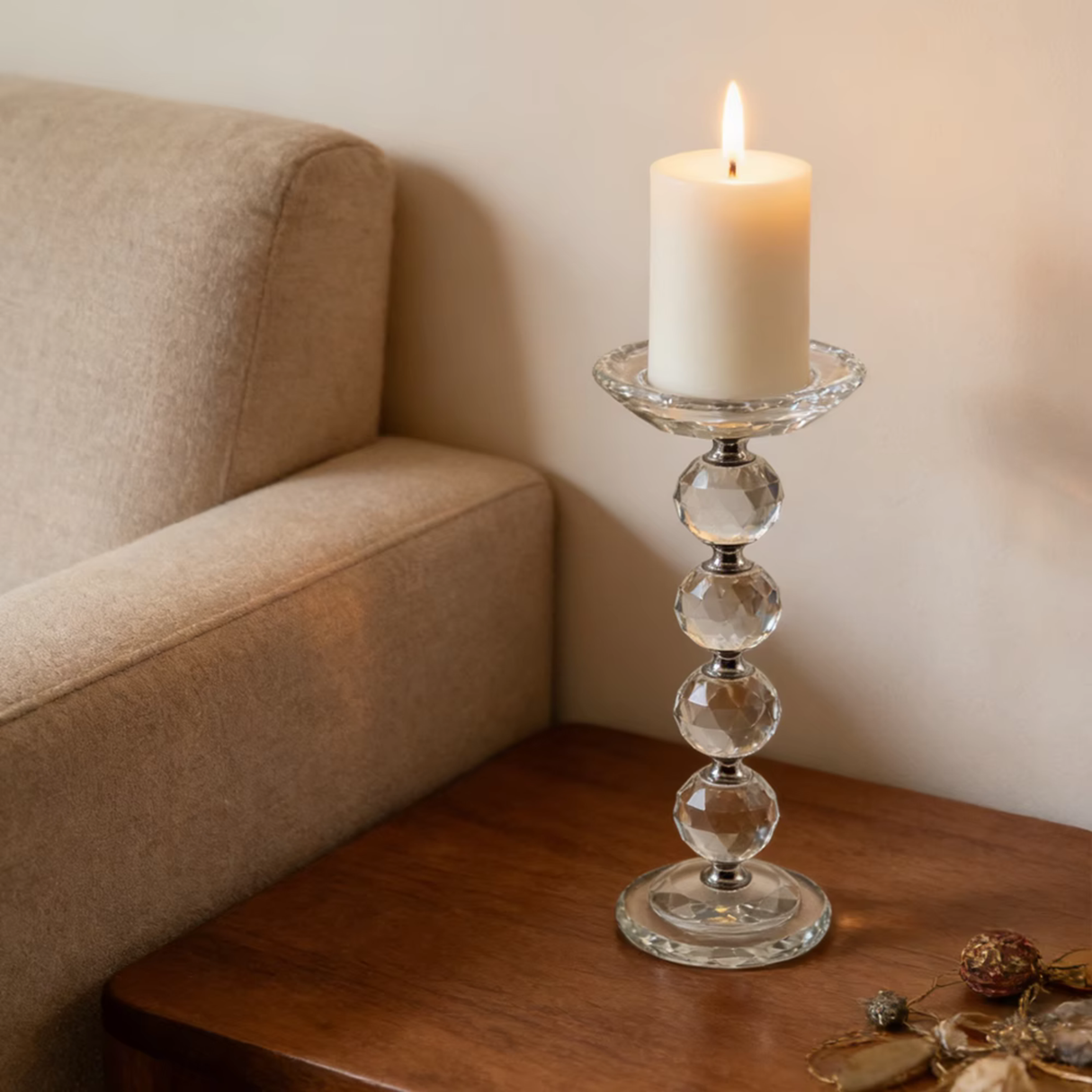 Glass Pillar Candle Holder Crystal Ball Design - Various Sizes