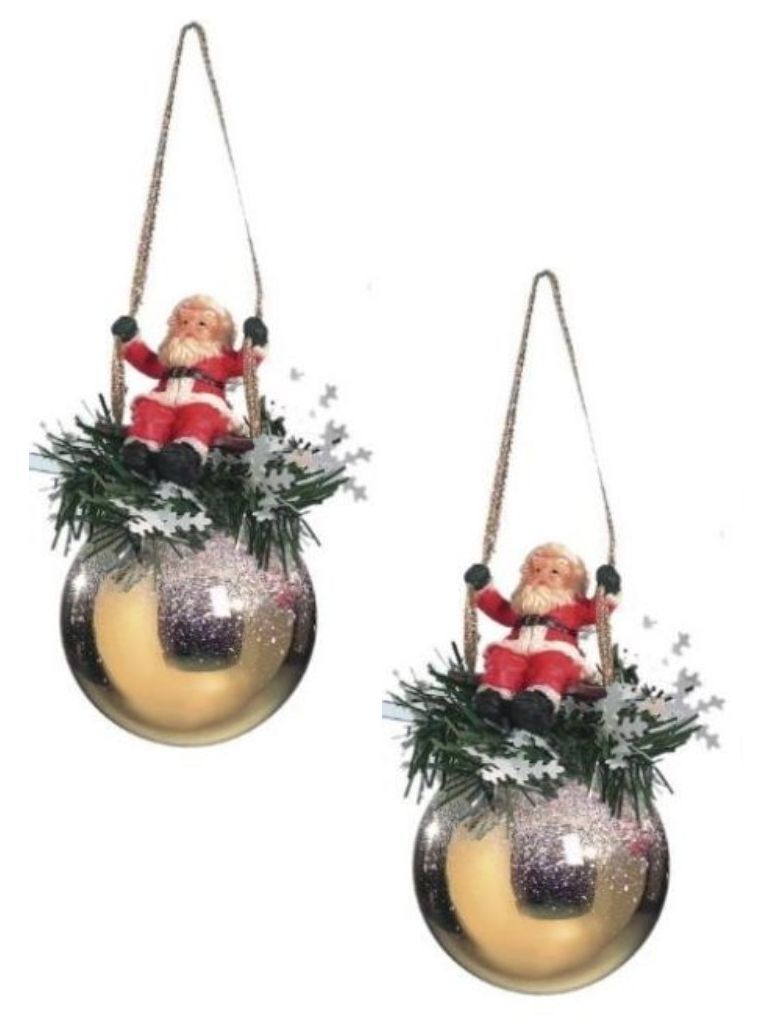 Christmas Tree Decorations Set of 2 Bauble with Santa on Swing Red or Gold