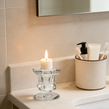 Clear Glass Candlestick Holders (5.8cm) - Hexagon Design