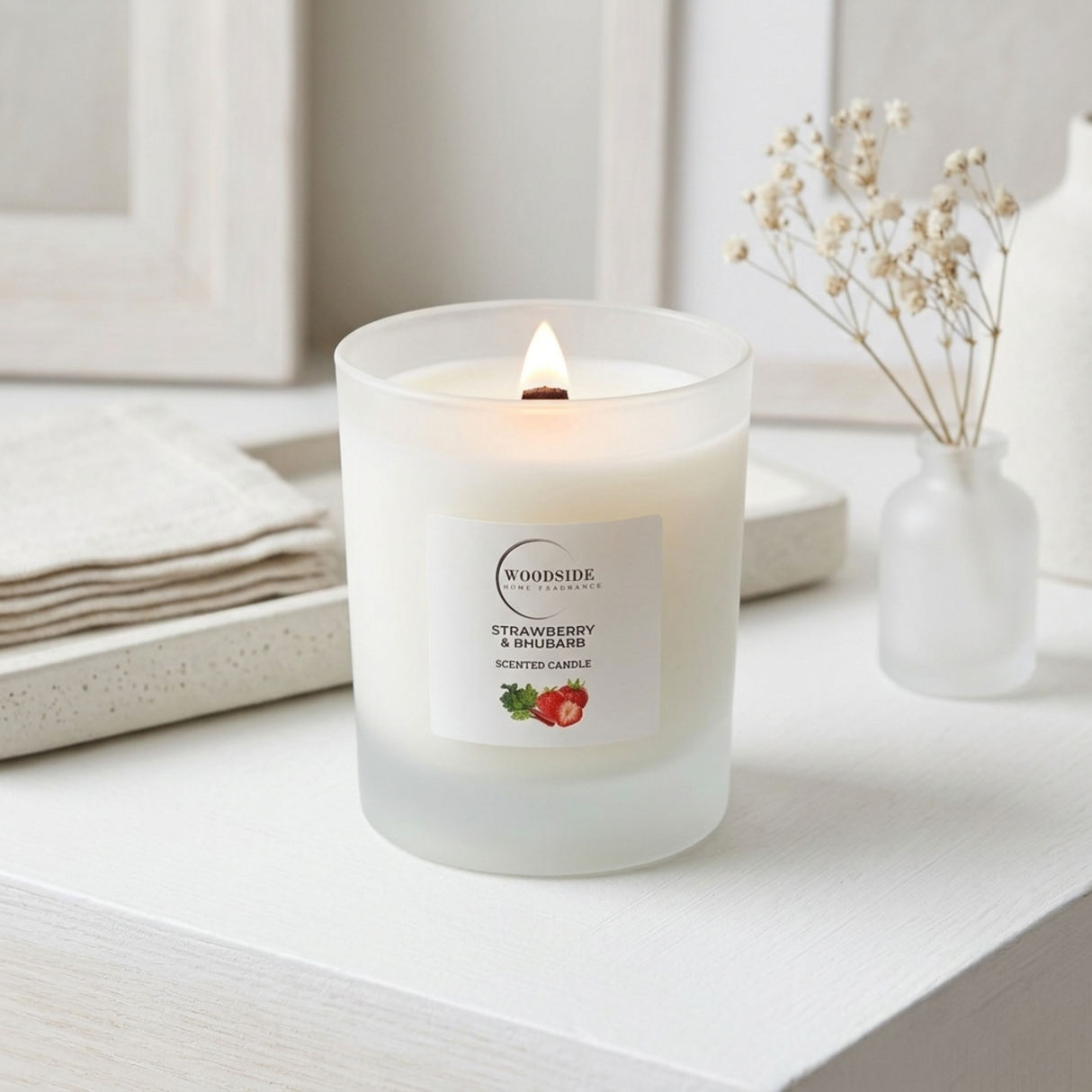 Woodside Home Fragrance Wooden Wick Glass Scented Candle - Strawberry & Rhubarb